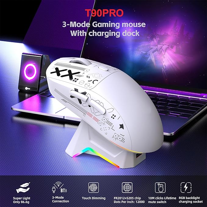 Wireless Gaming Mouse RGB Light, 3 Mode Wired 2.4G BT5.3 12000 DPI 7 Programmable Buttons, Magnetic Charging Dock for PC Laptop Gaming (White)
