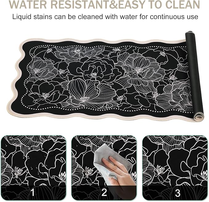 L-SPOUTTO Black Floral Mouse Pad,Vintage Aesthetic Scalloped Desk Mat XXL Large Gaming Mousepad,35.4x15.7in Non-Slip Keyboard Pad Waterproof Desktop Mat for Laptop Computer Work Game Home Office-Peony