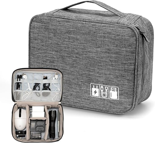Cable Organizer bag for women or men,Electronic Accessories Carry Case Portable Waterproof Double Layers All-in-One Storage Bag for Cord, Charger, Phone, Earphone (Grey)