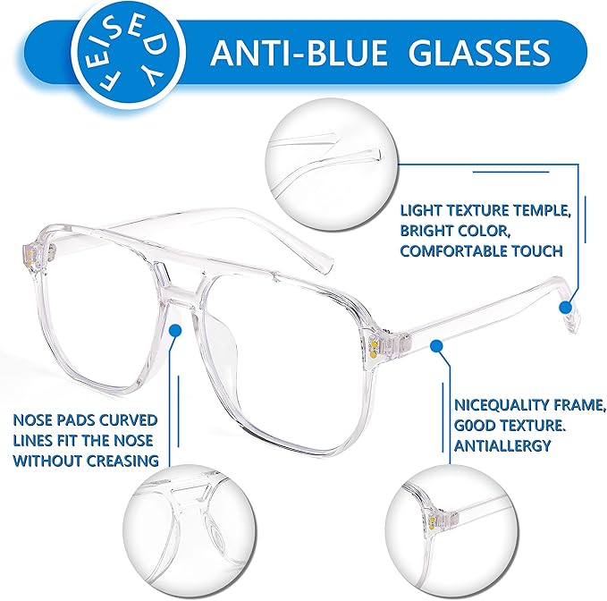 FEISEDY Blue Light Blocking Glasses Fake Nerd Clear Square Computer Lightweight Pilot Glasses Frame Oversized B2866
