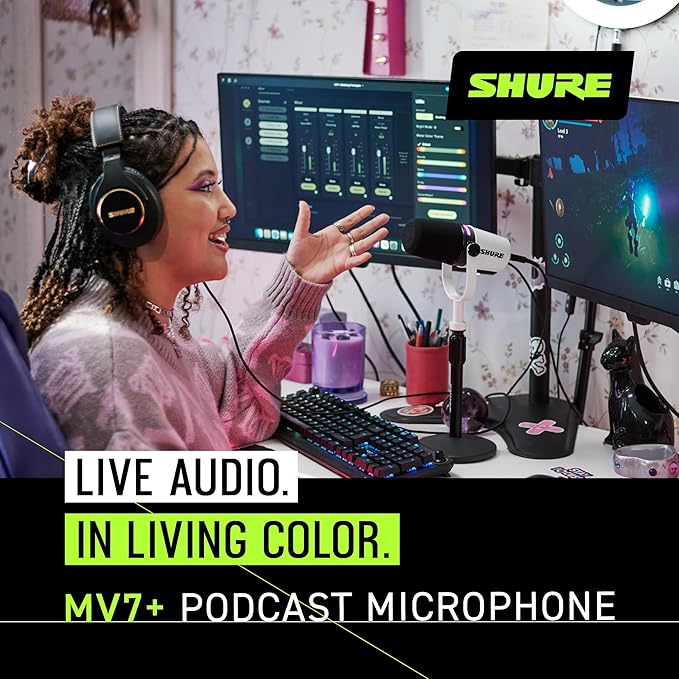 Shure MV7+ Podcast Dynamic Microphone – OBS Certified, Enhanced Audio, LED Panel, USB-C & XLR Outputs, Auto Level Mode, Digital Pop Filter, Reverb Effects – For Podcasting, Streaming, Recording, White
