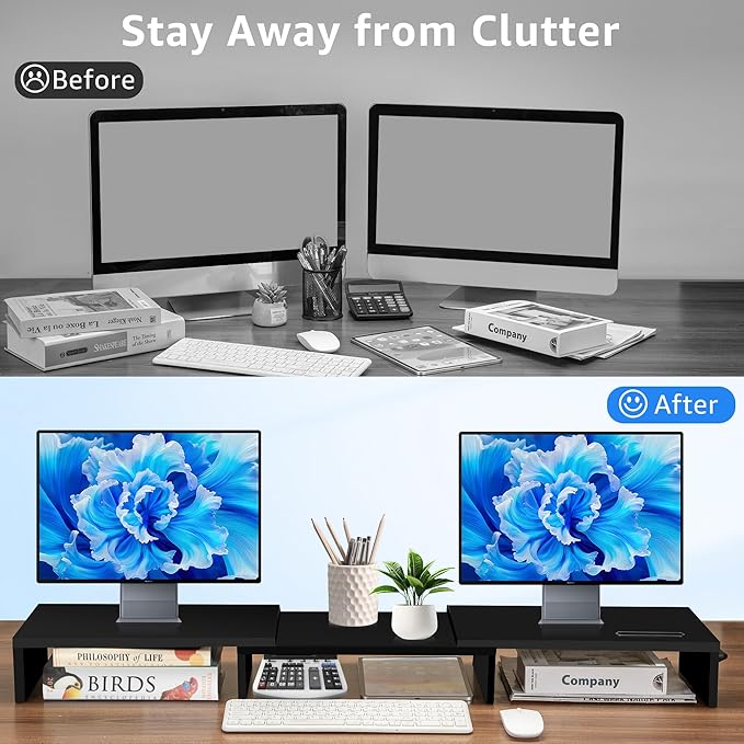 La Jaco Dual Monitor Stand Riser for 2 Monitors, Monitor Stand for Desk, Adjustable Length & Swivel Angle Wooden Desktop Organizer Stand Riser with Smartphone Holder for PC Monitor Laptop, Black