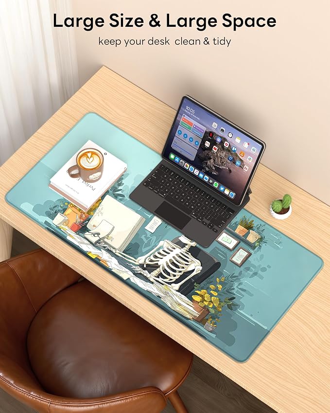 XL Gaming Mouse Pad, 31.5x15.7'' Large Desk Mat with Anti-Slip Rubber Base & Stitched Edges for Gaming, Office, Home - Office Skeleton