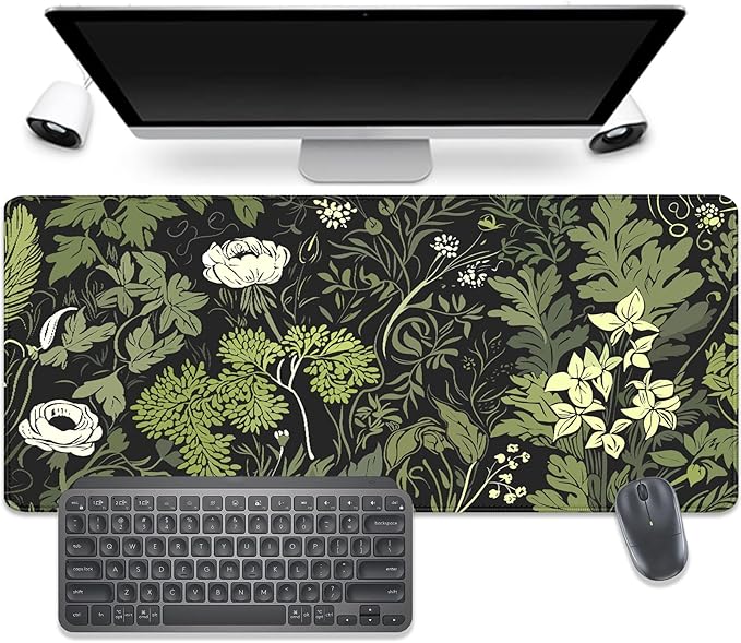 Sage Green Floral and Plant Desk Pad Mouse Pad,Large Gaming Floral Mouse Mat with Stitched Edges,Non-Slip Waterproof Rubber Base Mousepad for Office Work Home Desk Mat(27.5X11.8 in)