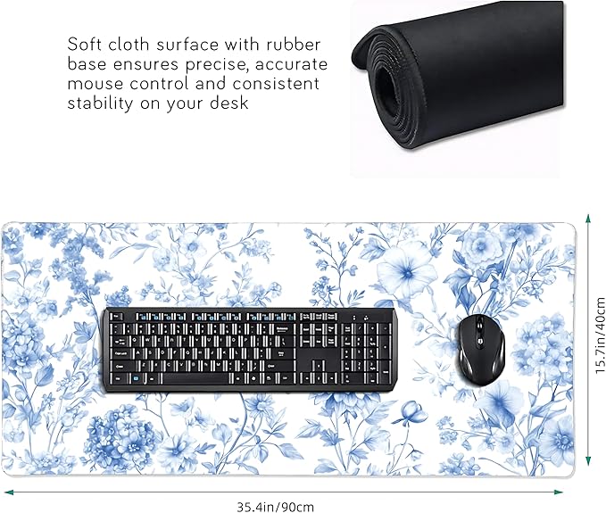 Floral Aesthetic Dahlia Gaming Mouse Pad, White Blue Chinoiserie Desk Mat with Anti-Slip Base & Stitched Edges,35.4" x 15.7" in Table Mat for Computer Desktop, Beautiful Workstation Decor
