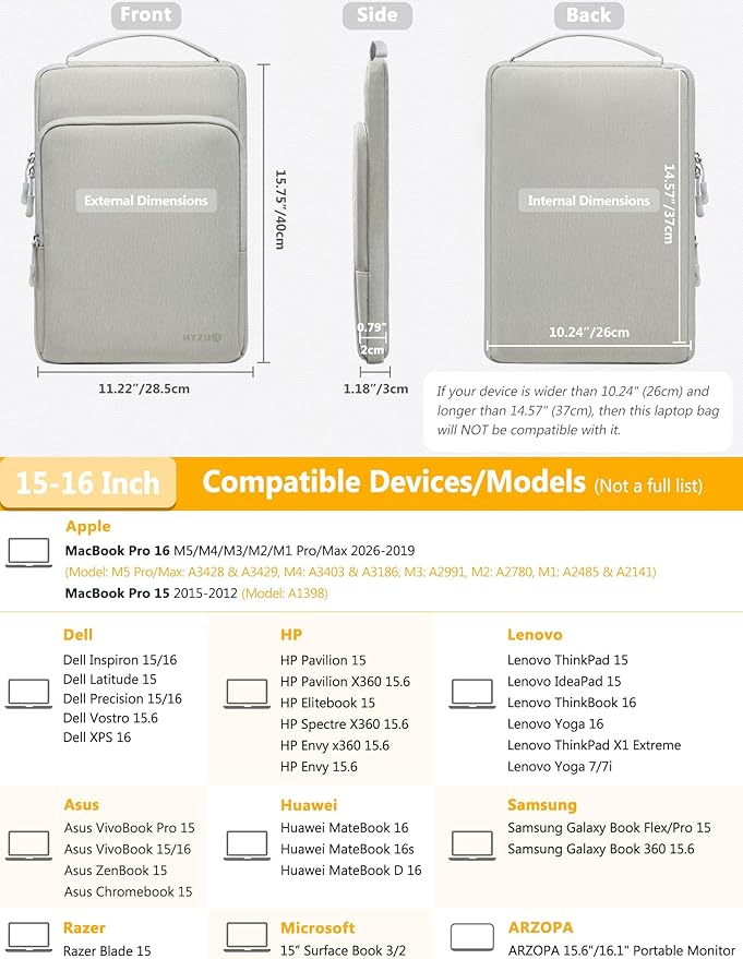 HYZUO 15-16 Inch Laptop Bag Sleeve for MacBook Pro 16 M5 M4 M3 M2 M1 Pro/Max A3428 A3429 2026-2019, 15" Surface Book, Notebook Case for 15" 15.6" Dell HP Lenovo Asus Acer Samsung, Light Gray