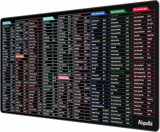 Large Excel Shortcut Mouse Pad, Extended Office Mousepad with Stitched Edges, Non-Slip Base Keyboard Mat for Desk, Gaming Mouse Pads for Office and Home, 35.4x15.7inches, Back to School