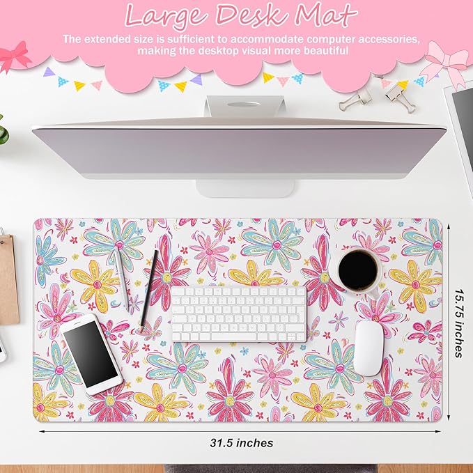 Remerry Colorful Floral Large Mouse Pad Pink Floral Desk Mat for Desktop Women Girls Flowers Waterproof Desk Pad PC Computer Laptop Protector Gaming Mouse Pads for School Office Home 31.5" x 15.7"