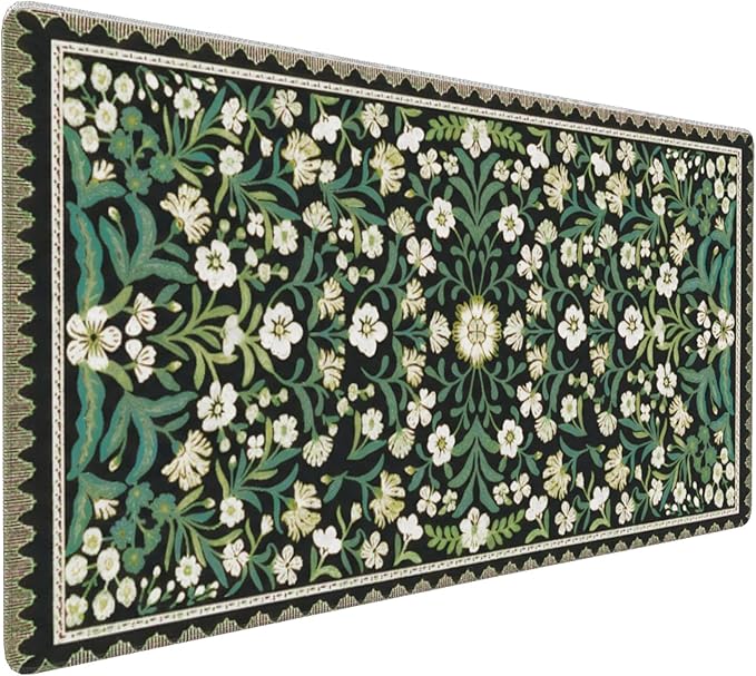 Floral Dark Green XXL Desk Pad - Extra Large Anti-Slip Mouse Pad with Stitched Edges for Computer, Keyboard & Office | Aesthetic Desk Mat for Women, Home Office Decor & Supplies