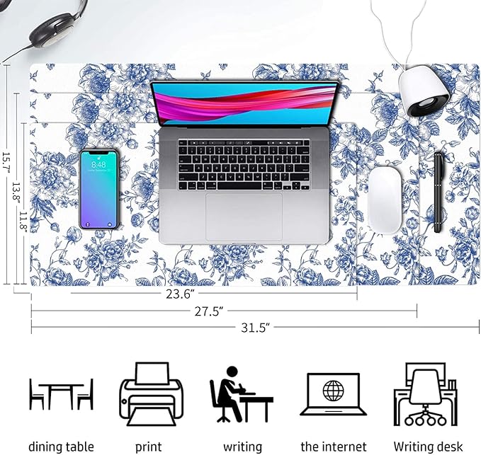 Large Mouse Pad, Chinoiserie Blue Floral Desk Mat for Desktop, Women Girls Flowers PU Leather Waterproof Desk Pad, Computer PC Laptop Protector Gaming Mouse Pads for School Office Home (31.5" x 15.7")