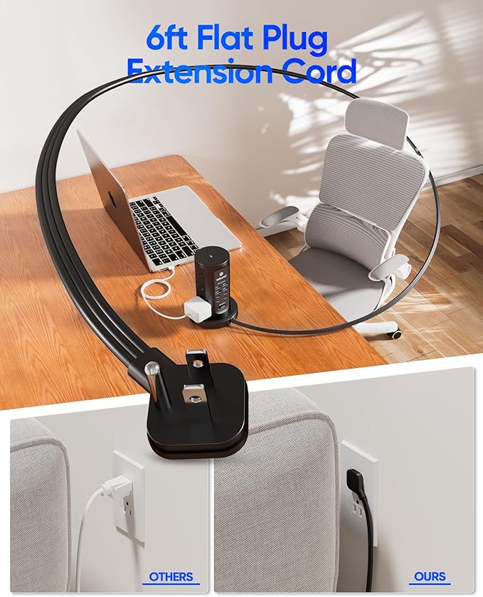 Power Strip Tower, kakyanill Surge Protector Tower 9 AC Outlets 8 USB (4 USB C), 6 Ft Retractable Extension Cord, Charging Station for Office Dorm Room, Black