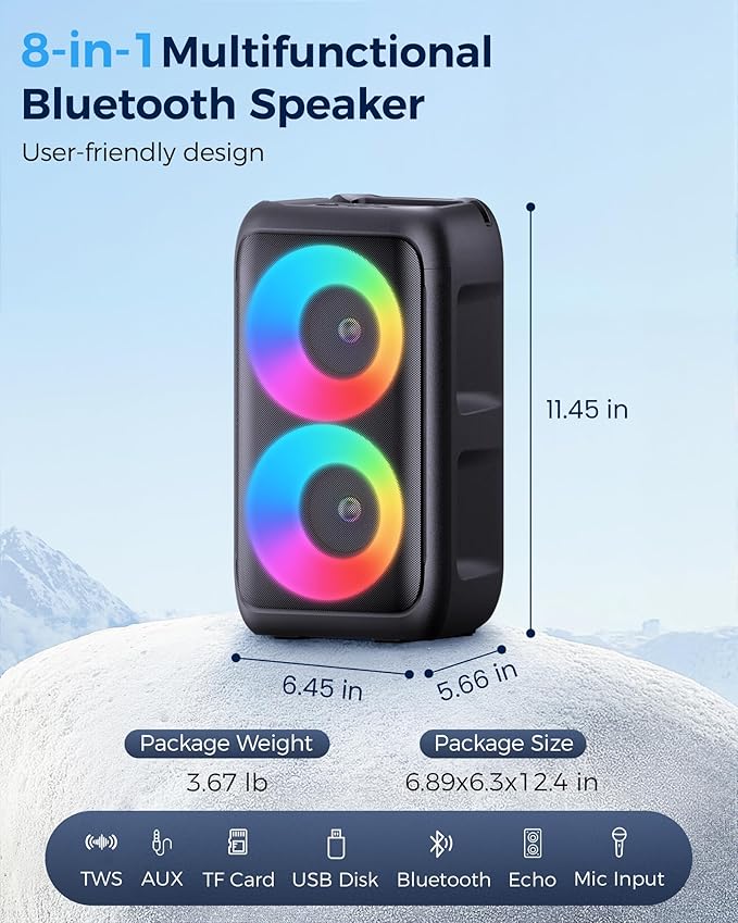 Bluetooth Speaker，Portable Party Speaker with Colorful Lights，Wireless Speaker with HD Loud,Surround Sound Systems Support TWS/AUX/USB/TF Card Ideal for Party,Home,Outdoor Camping