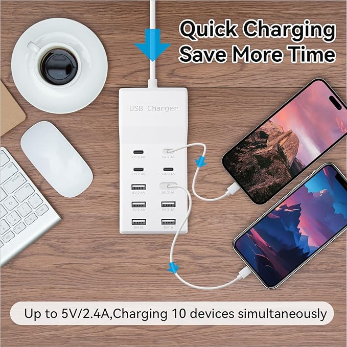 USB Charging Station with 6 USB-A & 4 USB-C Ports, 50W 10A USB Charging Block for Smart Phone, Tablet, Laptop, Multiple Devices - USB Power Strip with Auto-Detect Technology (2 PCS)