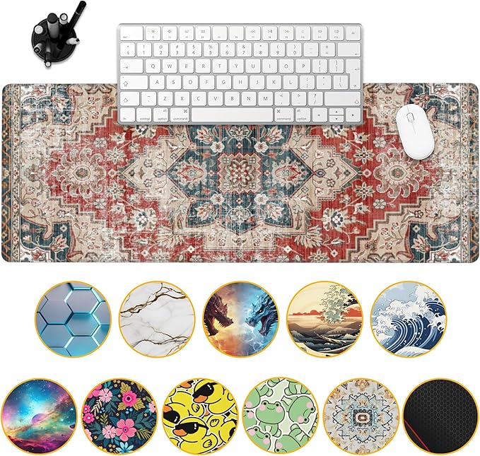 Desk Pad,Persian Style Textile Rug Texture Gaming Mouse Pad,31.5"X15.7" Extended Gaming Mouse Pad Mat with Stitched Edge Non-Slip Base Big Desk Mat for Office Keyboard Laptop