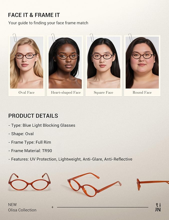 TIJN Olisa Blue Light Blocking Glasses for Women Men,Retro Oval Frame Bluelight Eyeglasses for Gaming/Computer/Screen
