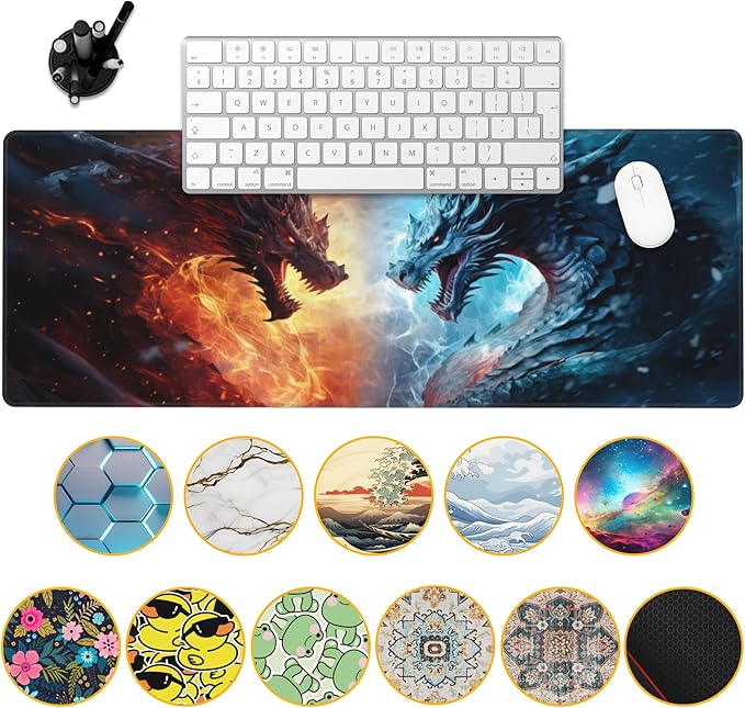 Desk Pad,Japanesev Anime Fire Ice Dragons Mouse Pad,31.5"X15.7" Extended Gaming Mouse Pad Mat with Stitched Edge Non-Slip Base Big Desk Mat for Office Keyboard Laptop