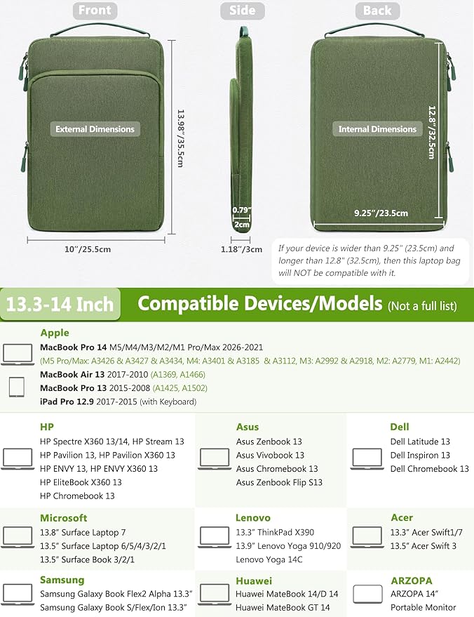 HYZUO 13.3-14 Inch Laptop Bag Sleeve for MacBook Pro 14 M5 M4 M3 M2 M1 Pro/Max A3426 A3427 2026-2021, MacBook Air/Pro 13.3, 13.8"-13.5" Surface Laptop/Book, Notebook Case for 13" Dell HP, Grass Green