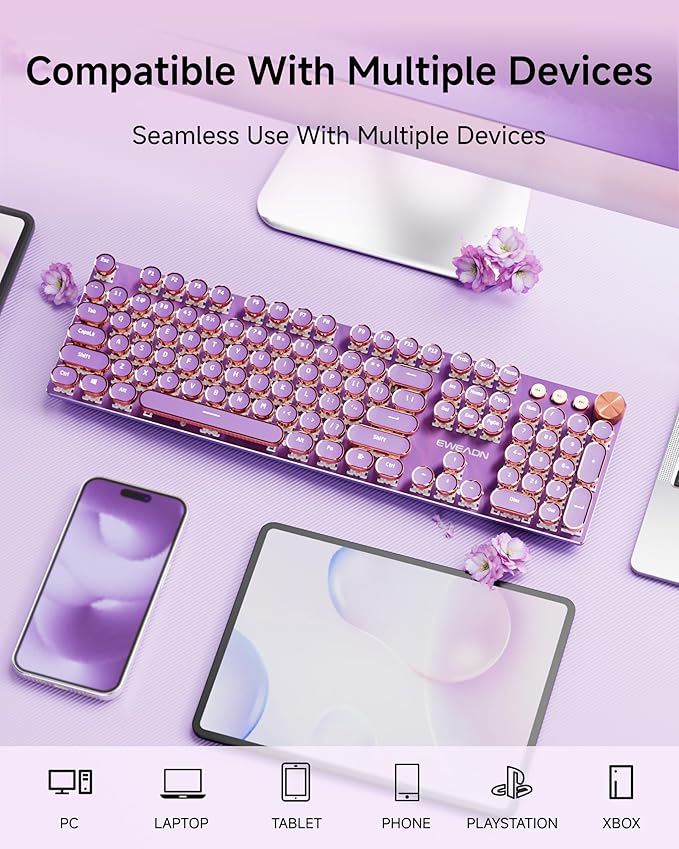 EWEADN V20 Typewriter Keyboard Wireless, 104 Keys Typewriter Style Mechanical with White Backlit, Media Knob, Pink Switch 2.4G/Bluetooth/USB-C Wired Retro Full Size Keyboard for Windows/Mac/PC-Purple