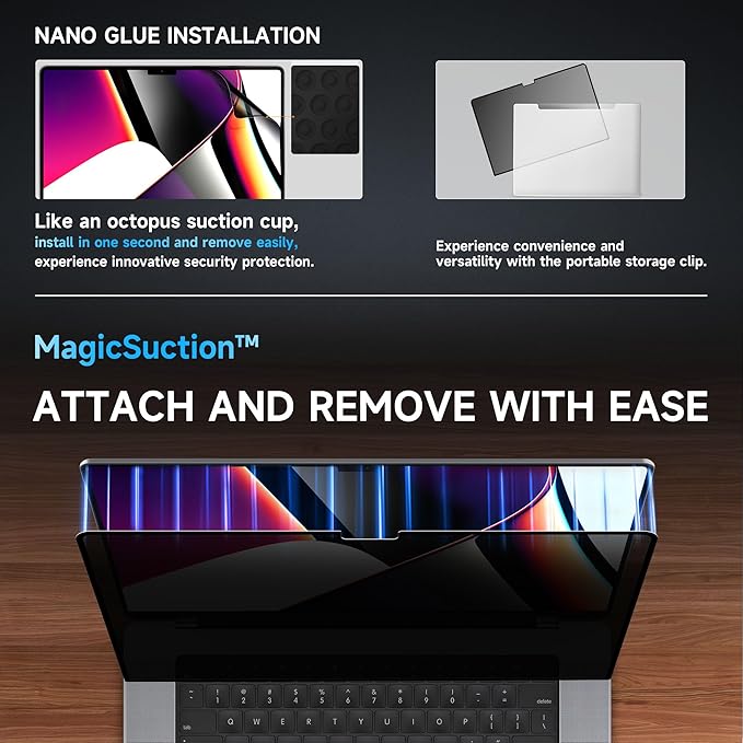 Mamol Privacy Screen for MacBook Pro 14 Inch (2021-2025, M1, M2, M3, M4, M5), MagicSuction™ Removable Vacuum Adsorption Anti Spy,Anti Glare Anti Blue Light Filter for Mac Laptop Computer