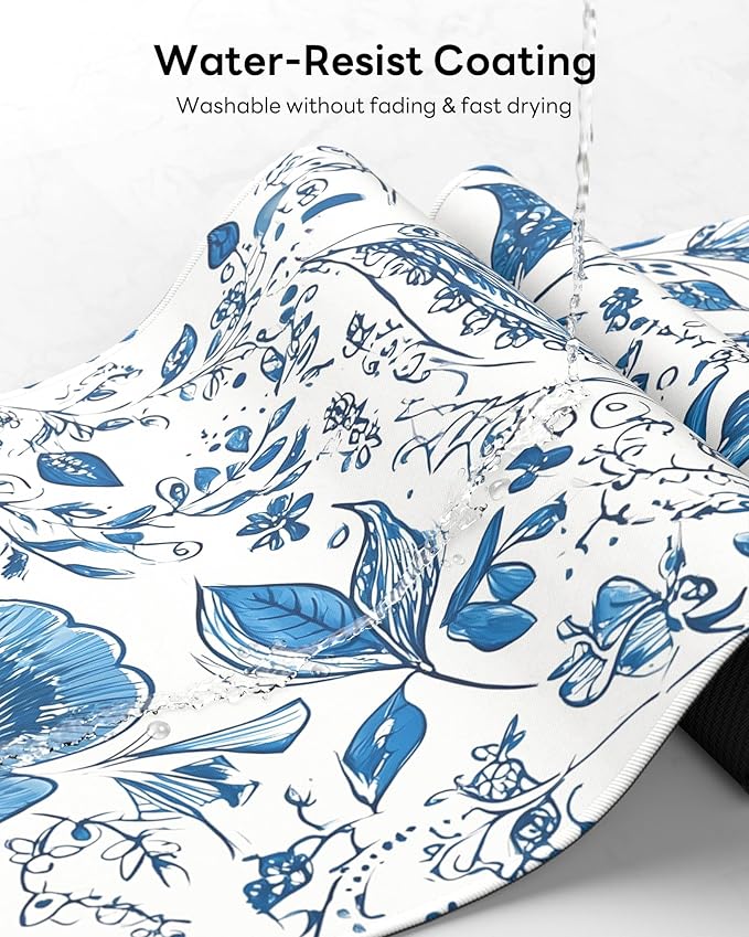 Floral Mouse Pad, 31.5 x 11.8 Large Desk Mat with Stitched Edges & Non-Slip Base, Mousepad for Office, Home, Work, Gaming, Blue Flower