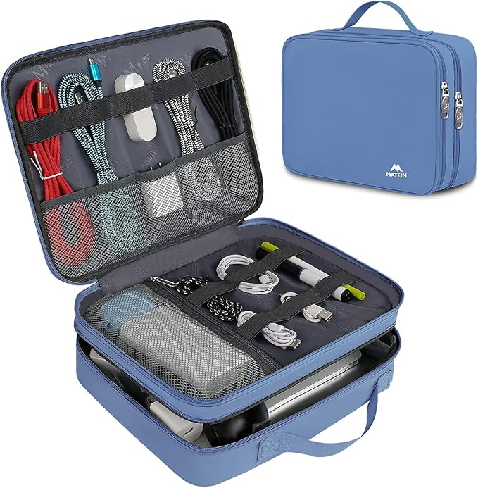 MATEIN Cable Organizer Bag, Large Travel Tech Organizer Water Resistant Electronic Accessories Case with Handle for Tablet, Cables, USB, Hard Drive, Double Layers Travel Gift for Men and Women, Blue