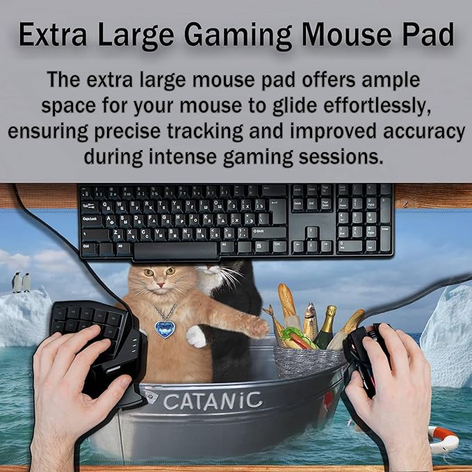 XXL Mouse Pad - Funny Cats Desktop Computer Mat, Large Desk Pads, Non-Slip Rubber Base Waterproof with Stitched Edges, 35.4" X 15.7" for Work/Game/Office/Home