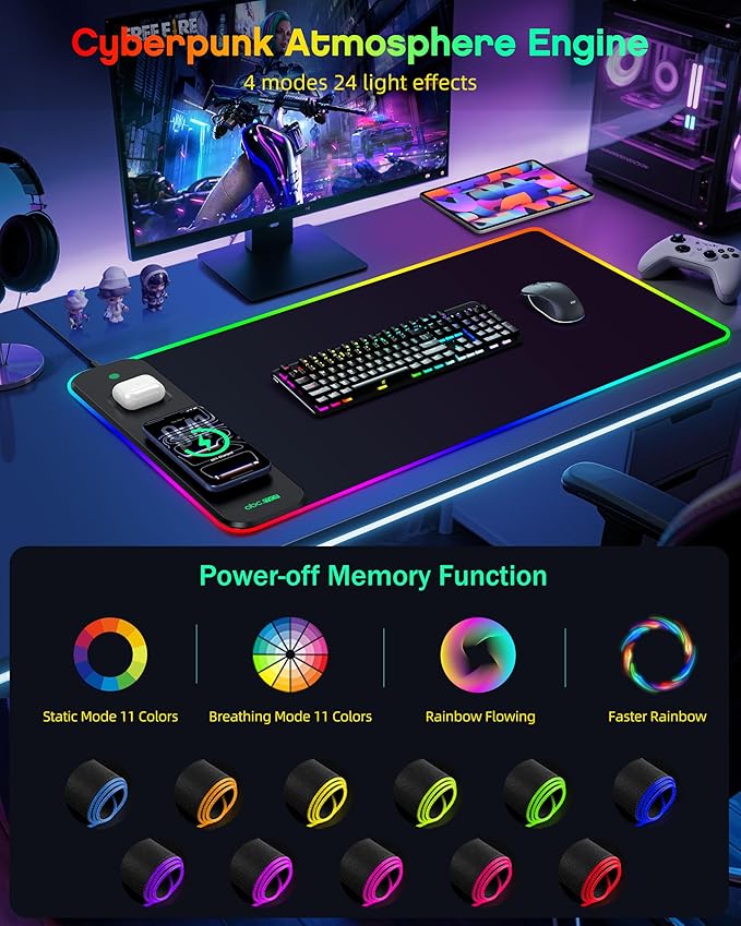 3-in-1 RGB Gaming Mouse Pad with Magnetic Wireless Charging, 31.5"x15.8" Large, 24 Light Effects, Non-Slip Base, Waterproof Ultra-Smooth Surface, with Adapter