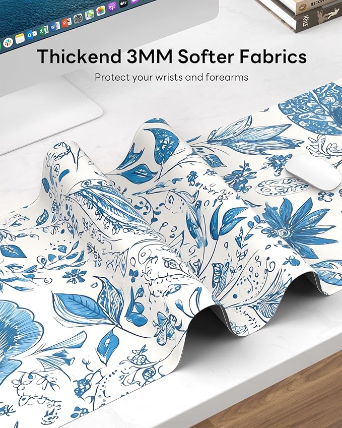 Floral Mouse Pad, 31.5 x 11.8 Large Desk Mat with Stitched Edges & Non-Slip Base, Mousepad for Office, Home, Work, Gaming, Blue Flower