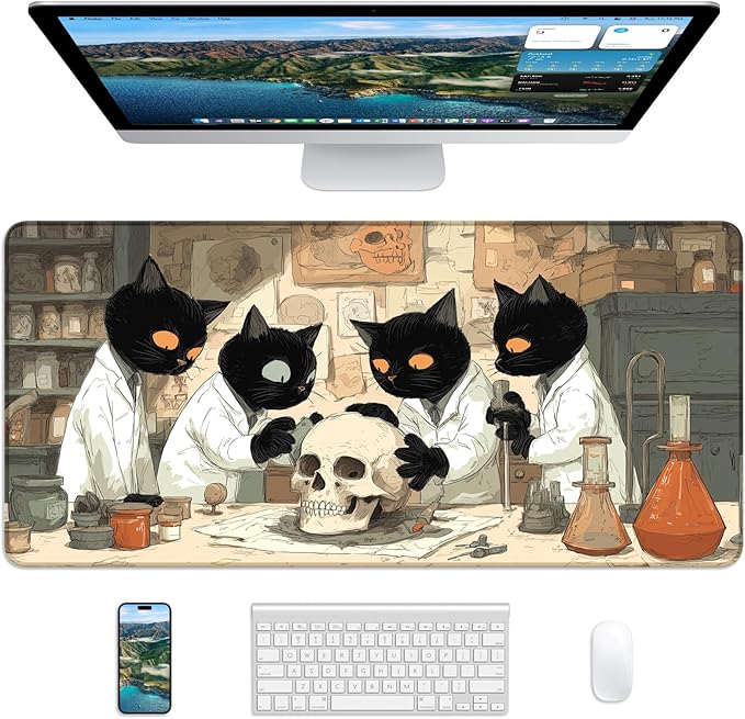 XL Gaming Mouse Pad, 31.5x15.7'' Large Desk Mat with Anti-Slip Rubber Base & Stitched Edges for Gaming, Office, Home - Professor Cat