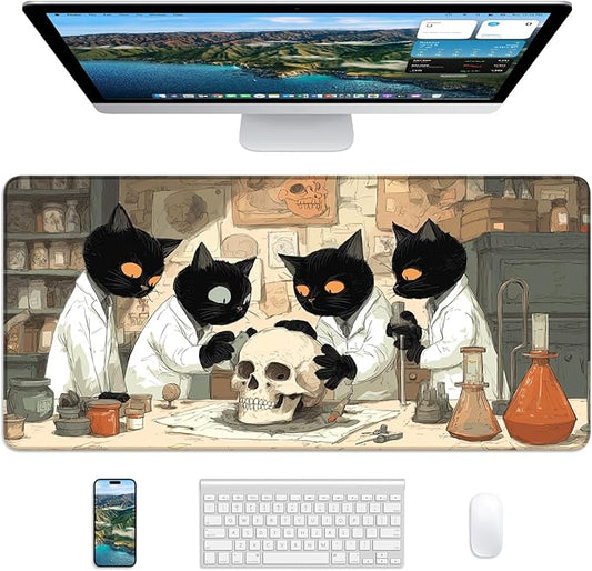 XL Gaming Mouse Pad, 31.5x15.7'' Large Desk Mat with Anti-Slip Rubber Base & Stitched Edges for Gaming, Office, Home - Professor Cat