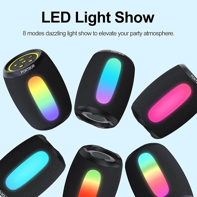 Portable Bluetooth Speaker, 2026 Powerful Stereo Loud Sound Wireless Speaker, 8 LED Modes, IPX5 Waterproof, Up to 36H Playtime, BT 5.3 with AUX, TWS Pairing, for Outdoor/Home/Party/Beach, Ideal Gifts