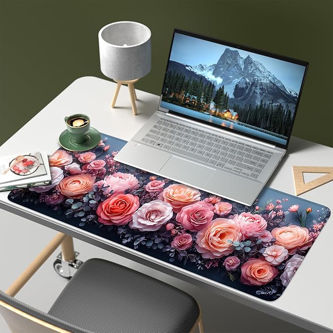 Mouse Pad, Large Anti-Slip with Stitched Edges Desk Mat Desktop Laptop Computer Desk Keyboard Mat,Table Protector Blotter Mat (Pink Flower, 31.5" x 11.8")