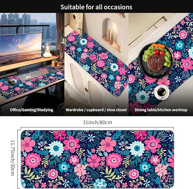 Desk Mat,Big Desk Pad,31.5 x 11.5in Extended Gaming Mouse Pad,Large Mouse Pad for Desk Rubber Base Mousepad with Stitched Edges,Keyboard Mouse Mat for Work Game Office Home - Beautiful Flowers