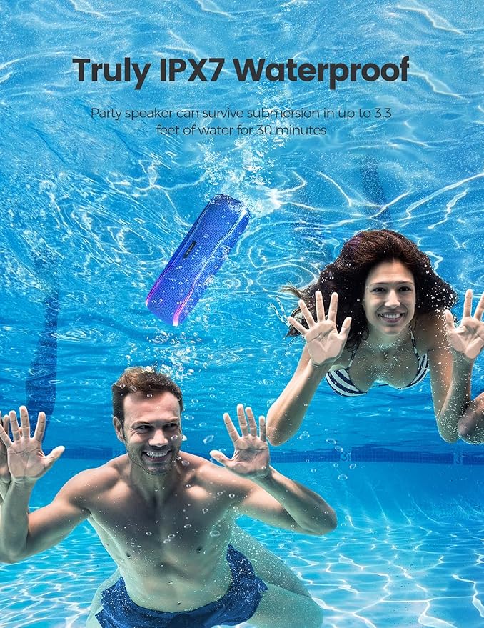 ERKEI SEHN Bluetooth Speaker, IPX7 Waterproof Wireless Speakers, Flashing Light, 25W Super Bass, 24H Playtime, Birthday Valentines Gifts for Him/Men, TWS Pairing, Beach Vacation Essentials, Blue
