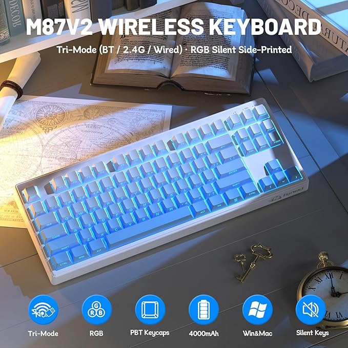 M87V2 87 Keys Membrane Gaming Wireless Keyboard,80% TKL Layout Side Printed Keys Retro Cute Creamy,RGB Backlit 4000mAh 2.4G/BT/Wired Computer Silent Keyboard for MAC PC- Gradient Blue