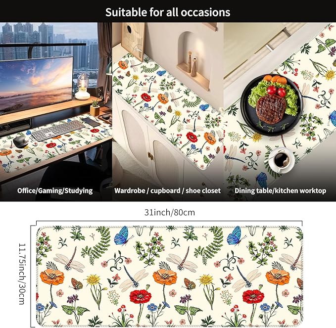 Desk Mat,Big Desk Pad,31.5 x 11.5in Extended Gaming Mouse Pad,Large Mouse Pad for Desk Rubber Base Mousepad with Stitched Edges,Keyboard Mouse Mat for Work Game Office Home - Dragonflies Flower
