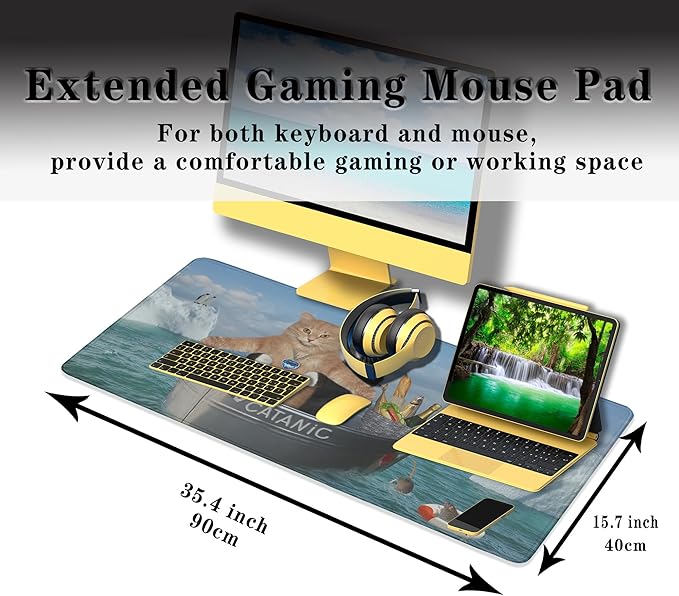 XXL Mouse Pad - Funny Cats Desktop Computer Mat, Large Desk Pads, Non-Slip Rubber Base Waterproof with Stitched Edges, 35.4" X 15.7" for Work/Game/Office/Home
