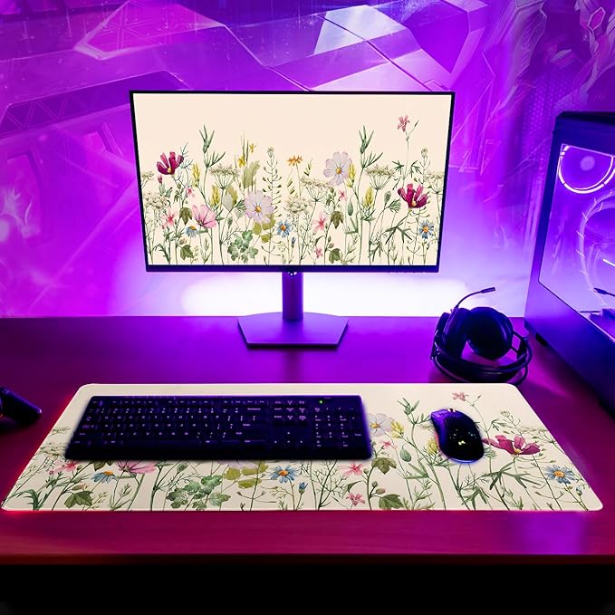 Flower Gaming Mouse Pad Large Mouse Pad for Keyboard and Mousepad Desk Mat with 3mm Non-Slip Base and Stitched Edge for Gaming and Office Computer Mat Protector Mat 27.6x11.8 Inch