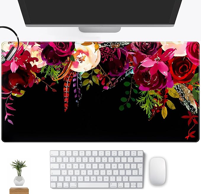 Red Flower Vintage Botanical Desk Pad - Black Mouse Pads, Keyboard Mat, Laptop PC Wireless Mouse Mat XXL, Aesthetic Office Desk Accessories (31.5"x15.75")