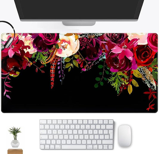 Red Flower Vintage Botanical Desk Pad - Black Mouse Pads, Keyboard Mat, Laptop PC Wireless Mouse Mat XXL, Aesthetic Office Desk Accessories (31.5"x15.75")