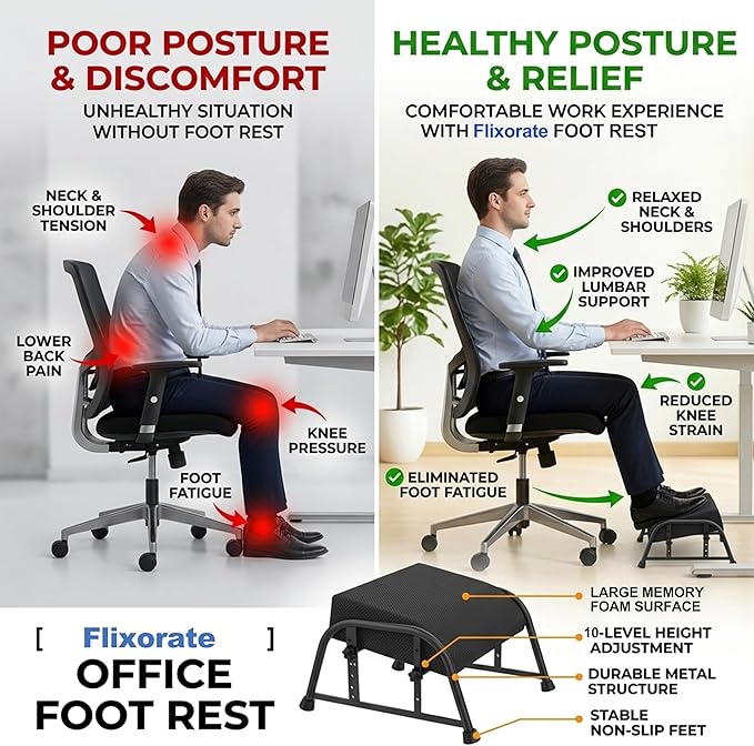 Under Desk Footrest with Memory Foam, Adjustable 10-Level Ergonomic Foot Rest for Office & Gaming Desk Accessories for Leg Rest, Reinforced Metal Frame, Non-Slip Base Extra Large（Black