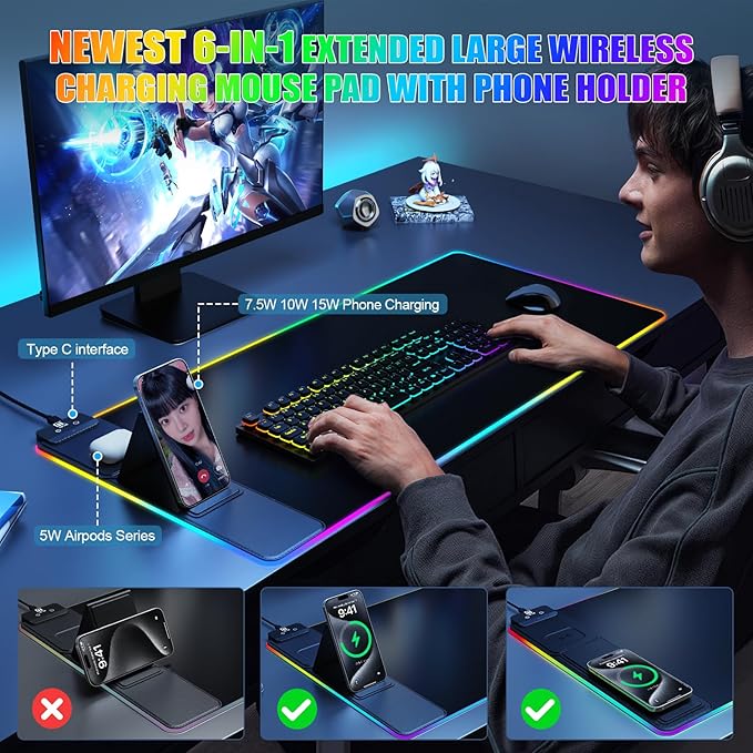 Mouse Pad with Foldable Phone Holder, Wireless Charging Desk Mat, RGB Gaming Mousepad Large Desk Pad with Non-Slip Base, Waterproof Keyboard Pad, Classic Black (XXL Stand Black PD Adapter)