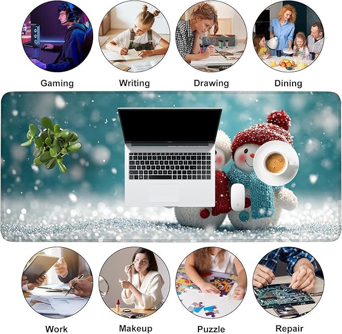 Mouse Pad, Large Anti-Slip with Stitched Edges Desk Mat Desktop Laptop Computer Desk Keyboard Mat,Table Protector Blotter Mat (Two Snowman, 35.4" x 15.7")