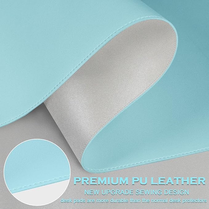 Double-Sided Office Desk Mat, Large Mouse Pad, Waterproof PU Leather Protective Pad, Laptop Desk Pad, Dual Use Cover Protector for Office/Home Keyboard (Blue+Slivery, 31.5''×15.8'')