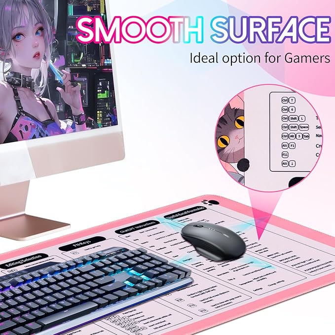 Excel Cheat Sheet Desk Pad, Cute Cat Pink Mouse Pad Non-Slip, 31.5" x 11.8" Large Shortcuts Mouse Pads, XL Gaming Keyboard Mat Office Pink Desk Accessories for Women