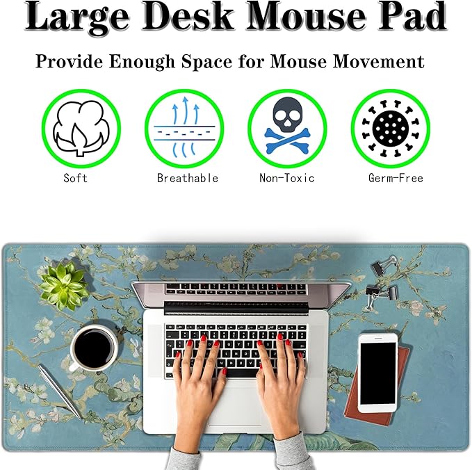 Big Mouse Pad Modern Desk Pad Computer Desk Mats Large Mouse Pads Large Mousepad Waterproof Non-Slip Rubber Base 35.4 X 15.7 for Game Office, Vincent Almond Blossom