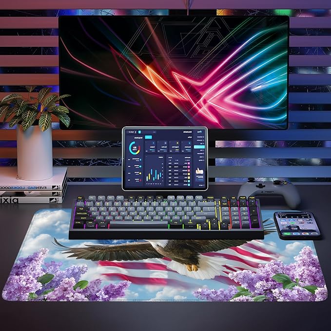 Mouse Pad, Large Anti-Slip with Stitched Edges Desk Mat Desktop Laptop Computer Desk Keyboard Mat,Table Protector Blotter Mat (Flowers and Eagles, 35.4" x 15.7")