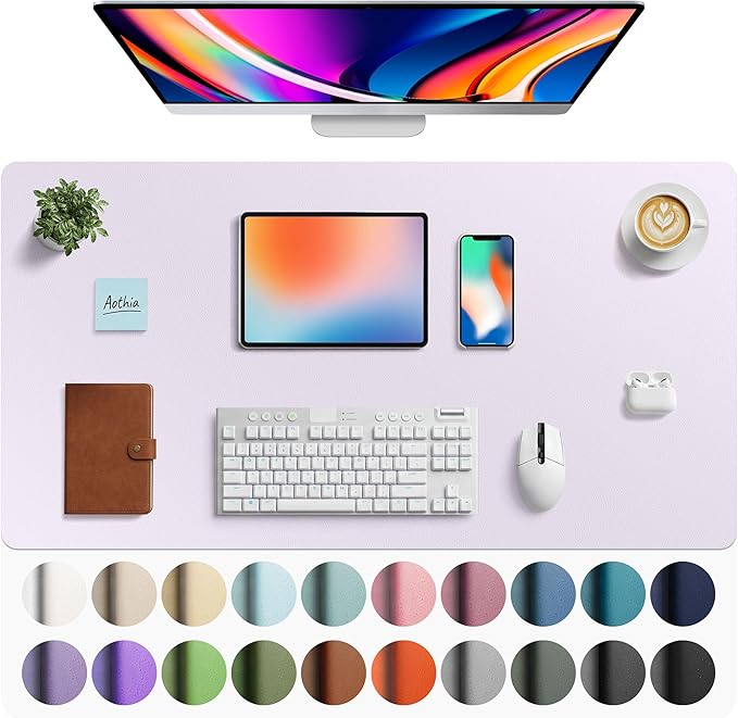 Aothia Faux Leather Desk Mat - Large Mouse Pad, Non-Slip PU Leather Blotter, Waterproof Writing Surface for Office and Home (Soft Lavender, 40" x 24")