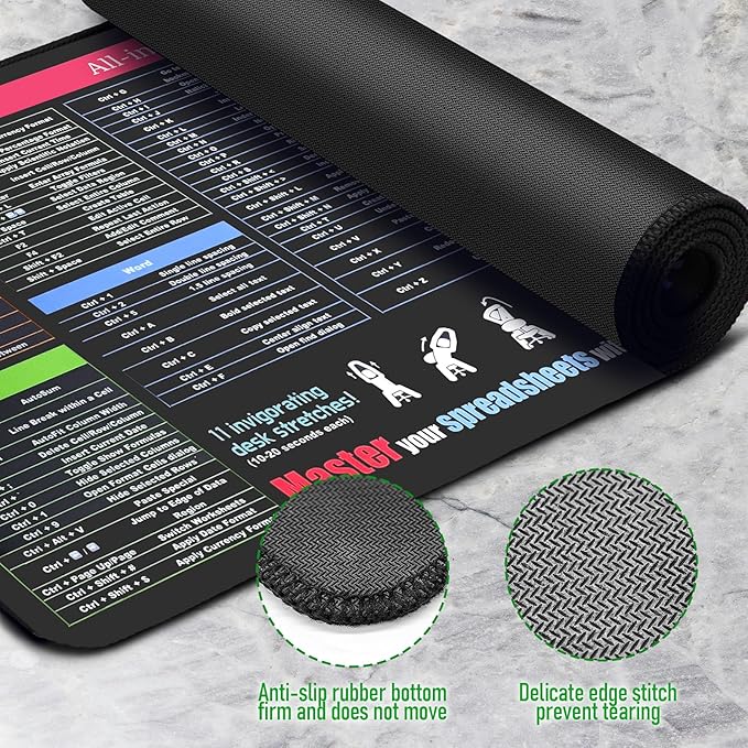 Excel/Word/Power Point Mouse pad Cheat Sheet Desk pad XXL (35.4"x15.7") Non-Slip Office, Gaming Desk Mat Over 200 Shortcuts Computer Desk Mat, Keyboard mat