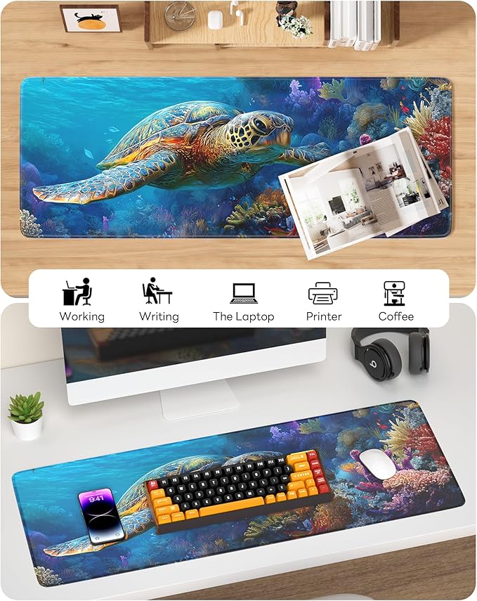 Turtle Mouse Pad, 31.5 x 11.8 Large Desk Mat with Stitched Edges & Non-Slip Base, Mousepad for Office, Home, Work, Sea Turtle